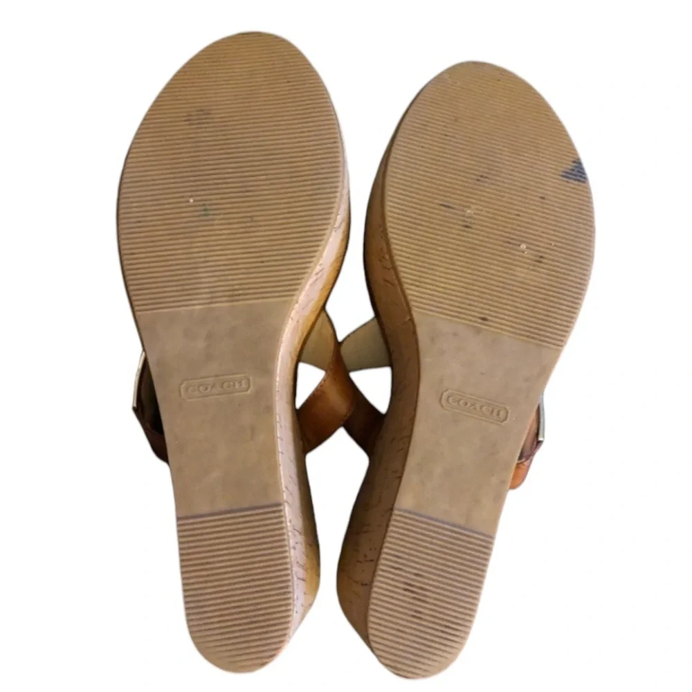 Coach size 10 British Tan / Cognac leather thong heel ,wedge with cork heel